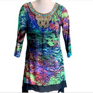 From the Heart Beaded Colorful Mini Dress Tunic Sz L #26F